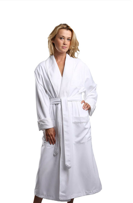 Luxury Microfiber - terry Spa robes.  Shown here in white. Microfiber shell and soft absorbing terry lining. Available in white , natural and stone.