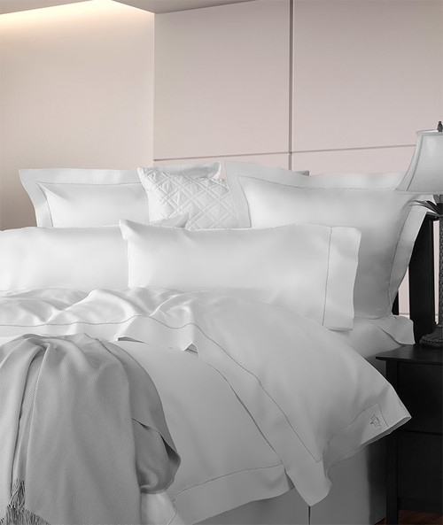 Diamante luxury bedding. 600 thread count solid sateen. Woven and sewn in Italy. Available in white, ivory & sable (medium tan).